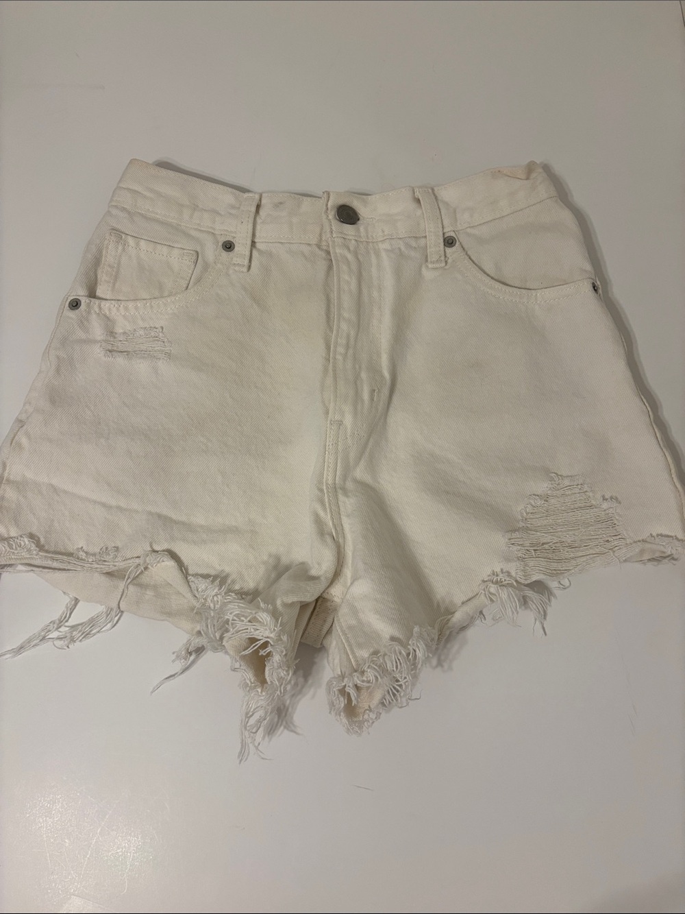 White Distressed High-Waist Denim Shorts - 26